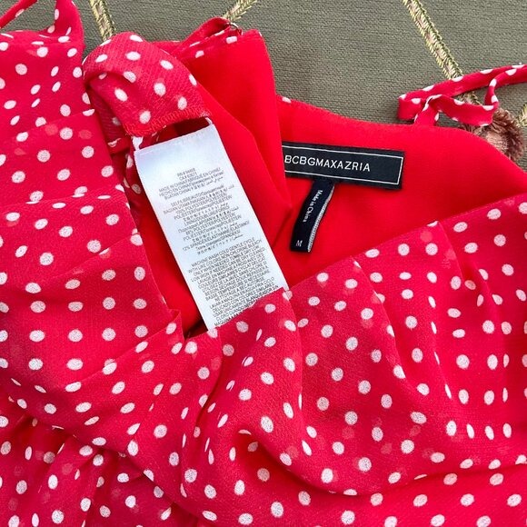 BCBGMAXAZRIA Top Crop Camisole Red White Polka Dot Flowy Peplum (M) - Picture 5 of 6